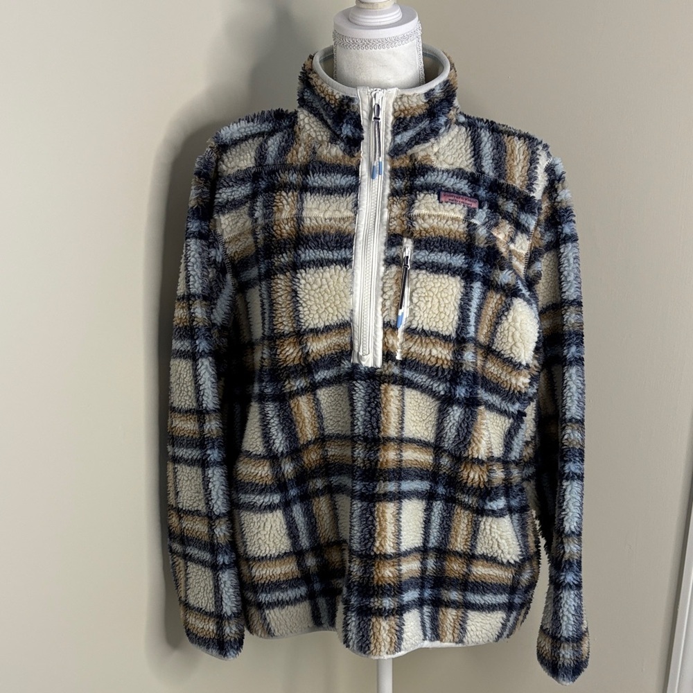 Vineyard Vines Blue & Cream Plaid Supershep Sherpa Fleece Quarter Zip. Large.